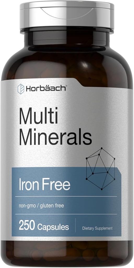 Horbäach Multi Minerals Supplément de 250 capsules sans fer Complexe minéral quotidien pour hommes et femmes