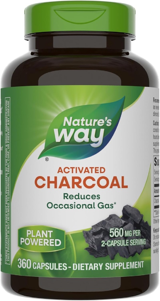 Nature's Way Activated Charcoal, Binds Involved Materials and Gas in the Digestive Tract*, 560 mg par portion de 2 capsules, 360 capsules (paquetage May Vary)