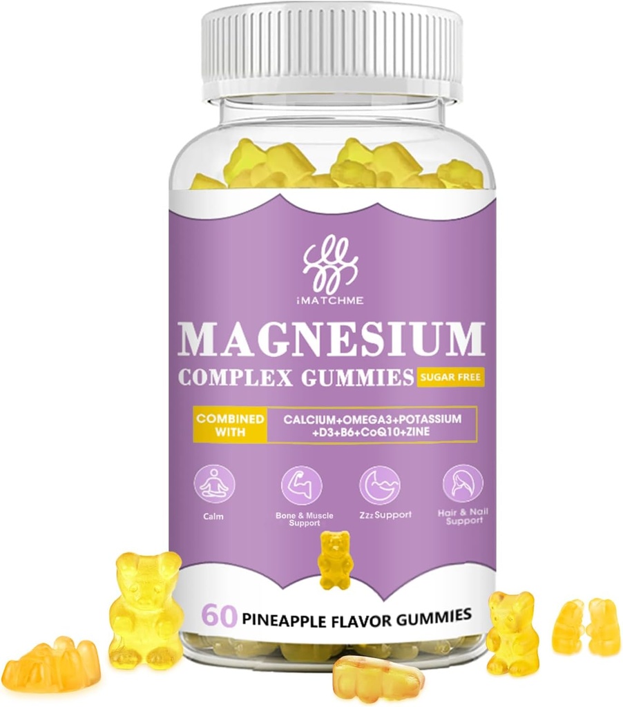 iMATCHME Magnésium Glycinate Gommies avec Magnésium Malate, Taurat, Citrate, Supplément complexe de potassium avec CoQ10, Calcium, Supports pour la mémoire, Os, Calme, Sommeil, 60 ananas