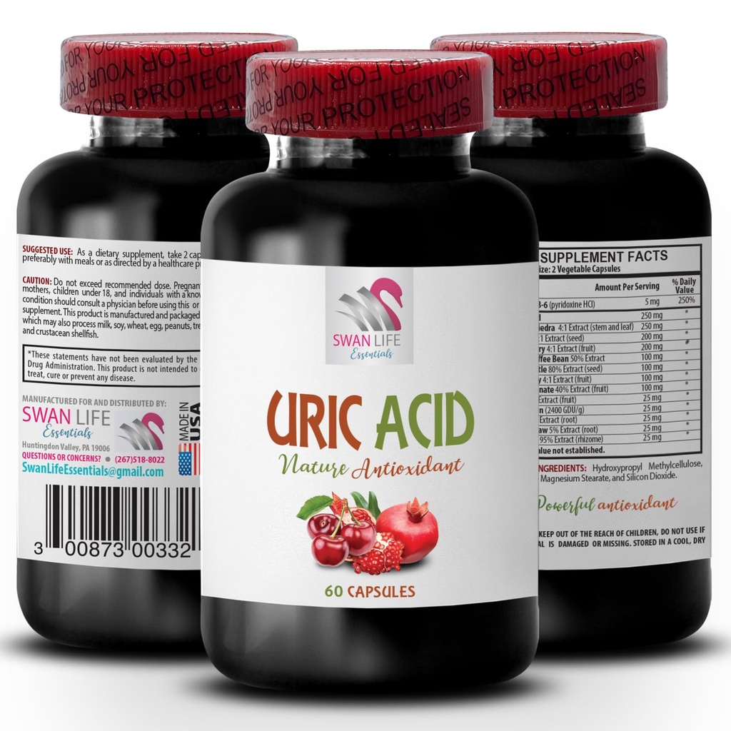 Voies naturelles pour réduire l'acide urique - Acid URIC - Suppléments pour l'acide urique, Suppléments pour l'acide urique inférieur, Capsules d'extrait de cerise de tart, Pilules de cerise de tart, Extrait de fève de café vert 1Bot 60Caps