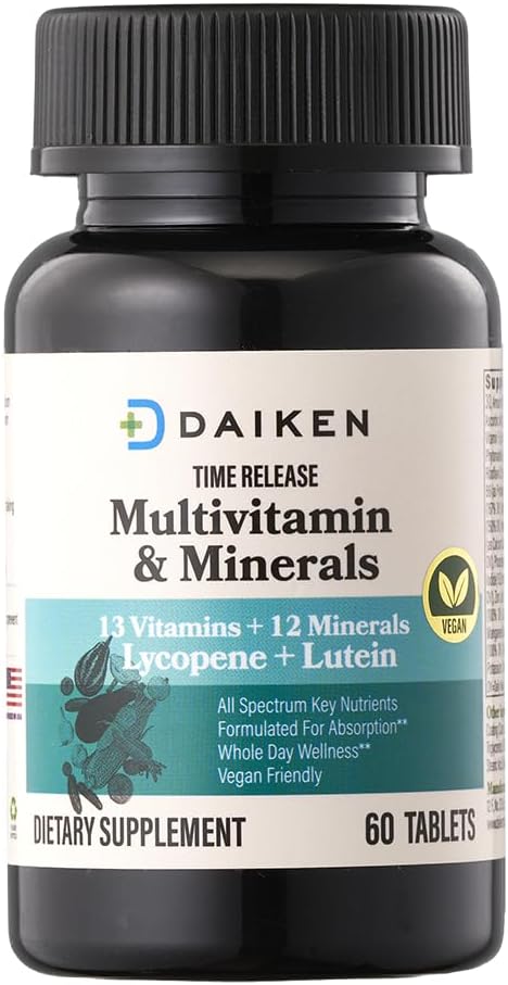 DAIKEN Mini multivitamine, 60 comprimés, amélioré avec la lutéine, le lycopène et l'acide folique, le temps libéré multivitamine pour les femmes et les hommes, végétalien et facile à avaler