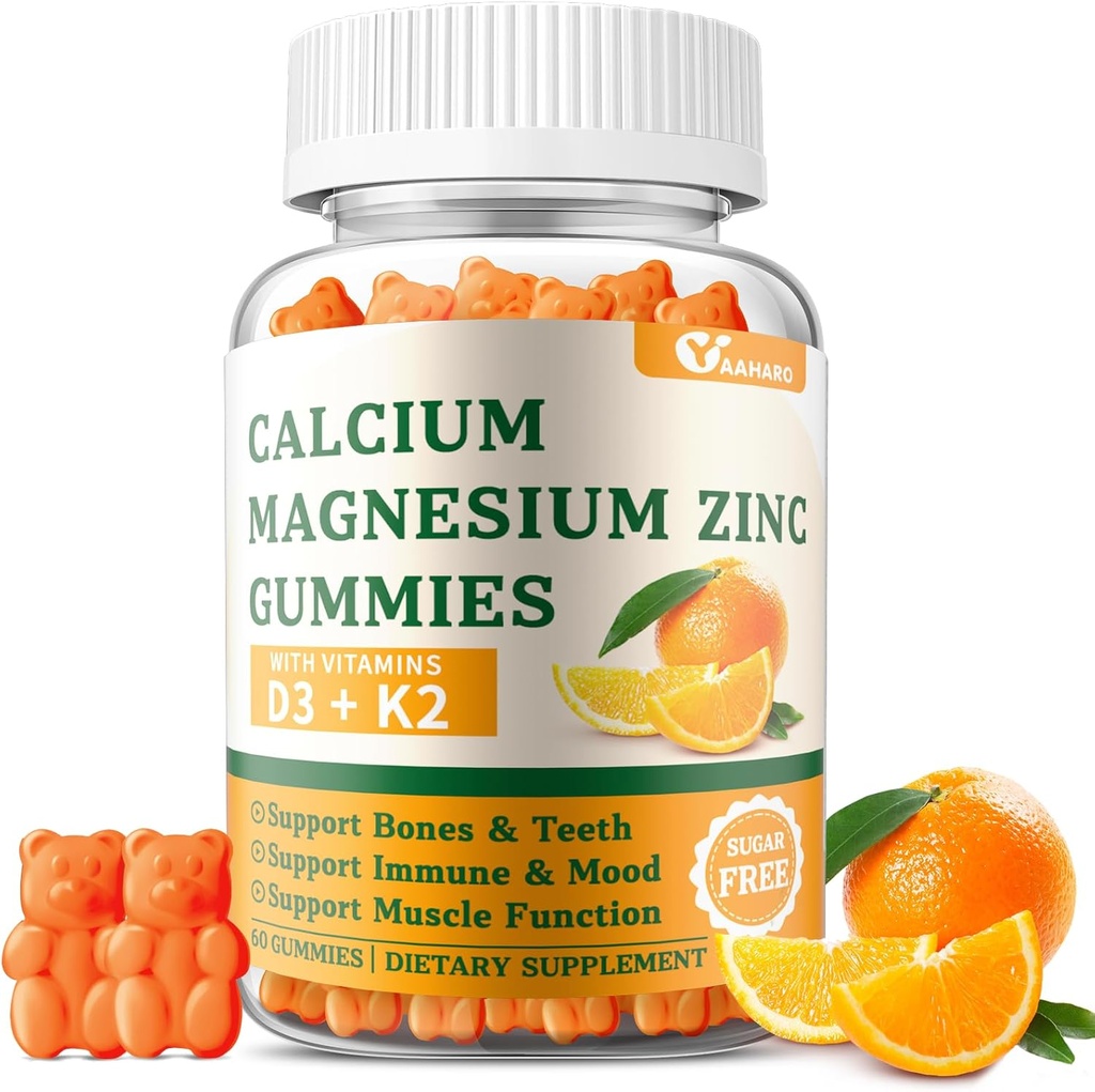 Gommies de zinc de magnésium de calcium avec vitamine D3 et K2 - Gommies de calcium sans sucre pour les femmes et les hommes - Soutien osseux et immunitaire - Non-OGM, Sans gluten, Aromatisé orange - 60 Gommies