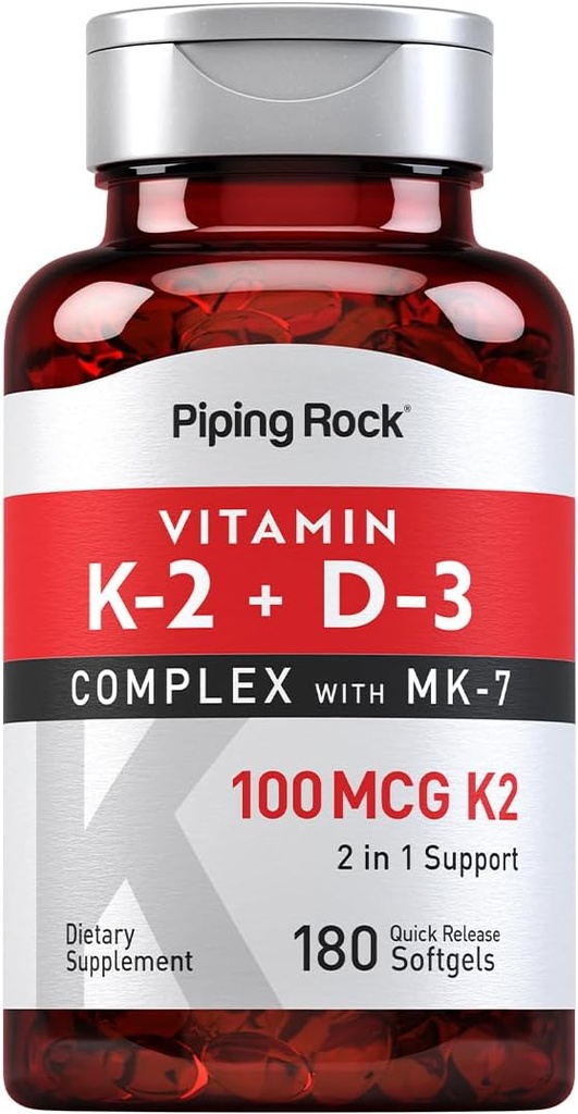 Piping Rock Vitamin K2 D3 Supplement | 100 mcg | 180 Softgels | Complex with MK7 | Non-GMO, Gluten Free