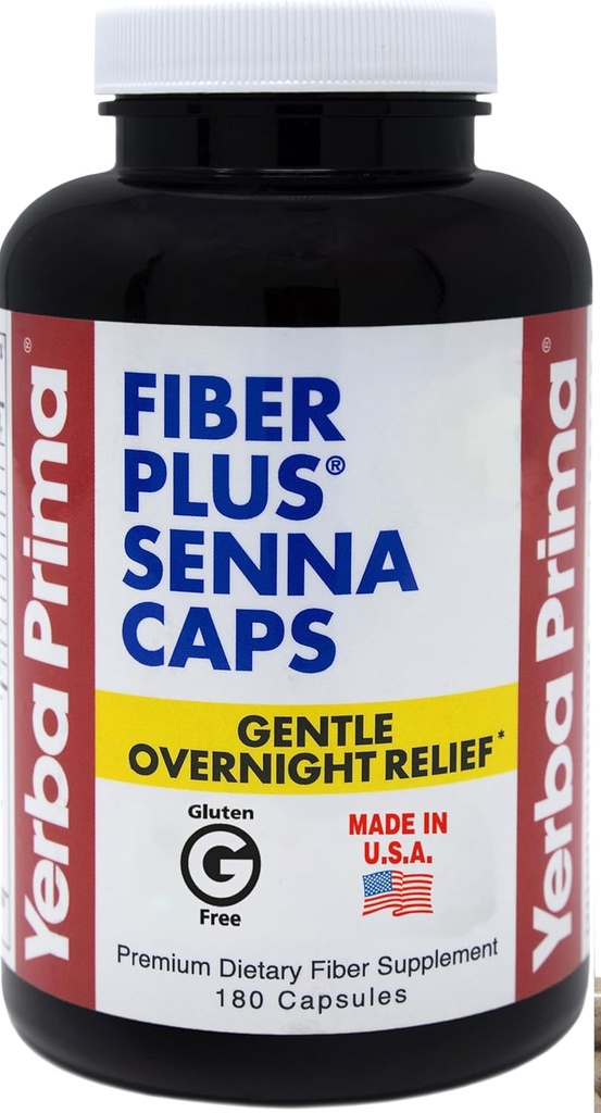 Capsules de Senna Prima Fiber Plus Yerba, 180 comtes - Gentle Overnight Relief, USA Made, Non-OGM, Sans gluten