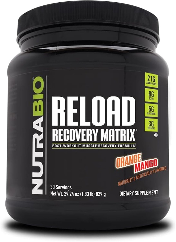 Recharge de NutraBio - Formule de récupération musculaire puissante - Supplément post-entraînement - 3G Créatine - 8G BCAAs - 5G Glutamine - 30 portions, mangue orange