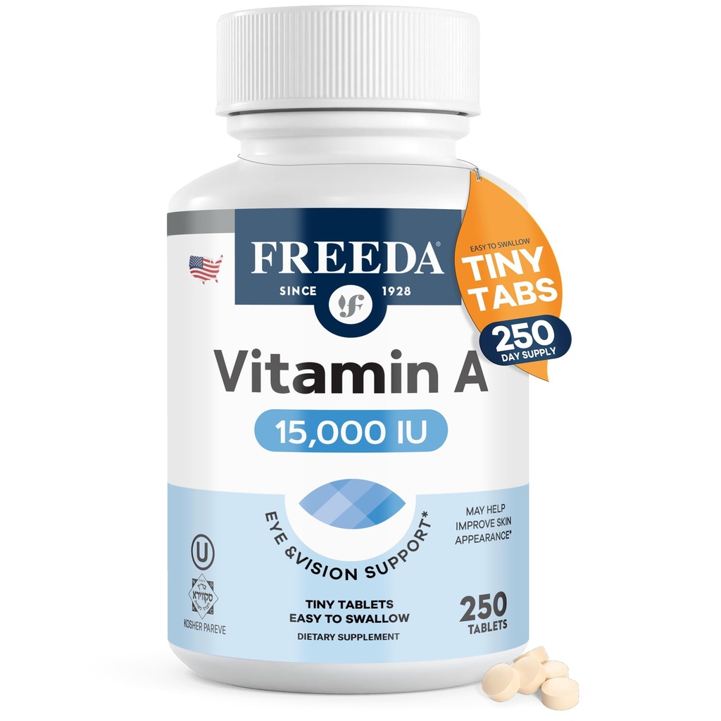 Freeda Vitamine A 15,000 UI – Retinyl Palmitate – Vegan, Kosher, Pas de poisson – Eye, Vision, Immune & Skin Support – Petits comprimés faciles à avaler – Supplément VIT A Vitamine A – 250 comprimés
