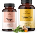 HerbAMAMA Sage and Turmeric Kit - Ensemble de 1000 mg de gélules de feuilles et de curcumine de sage - Vegan, non-OGM, sans gélatine - 2 boîtes