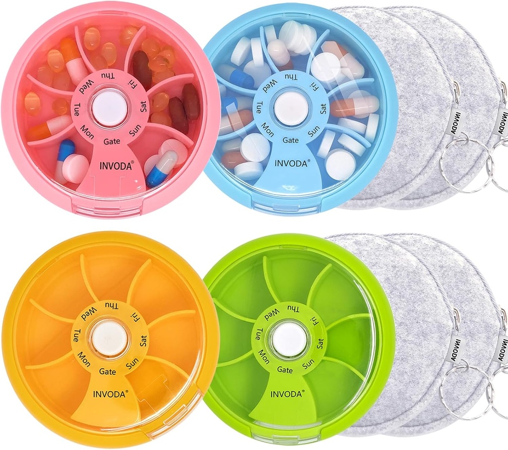 Pill Organizer Small Pill Case 7 Day Portable Travel Pill Box Cute Daily Pill Container for Medicine Fish Oil Complements Vitamine Case (4PCS+Bag 4PCS)