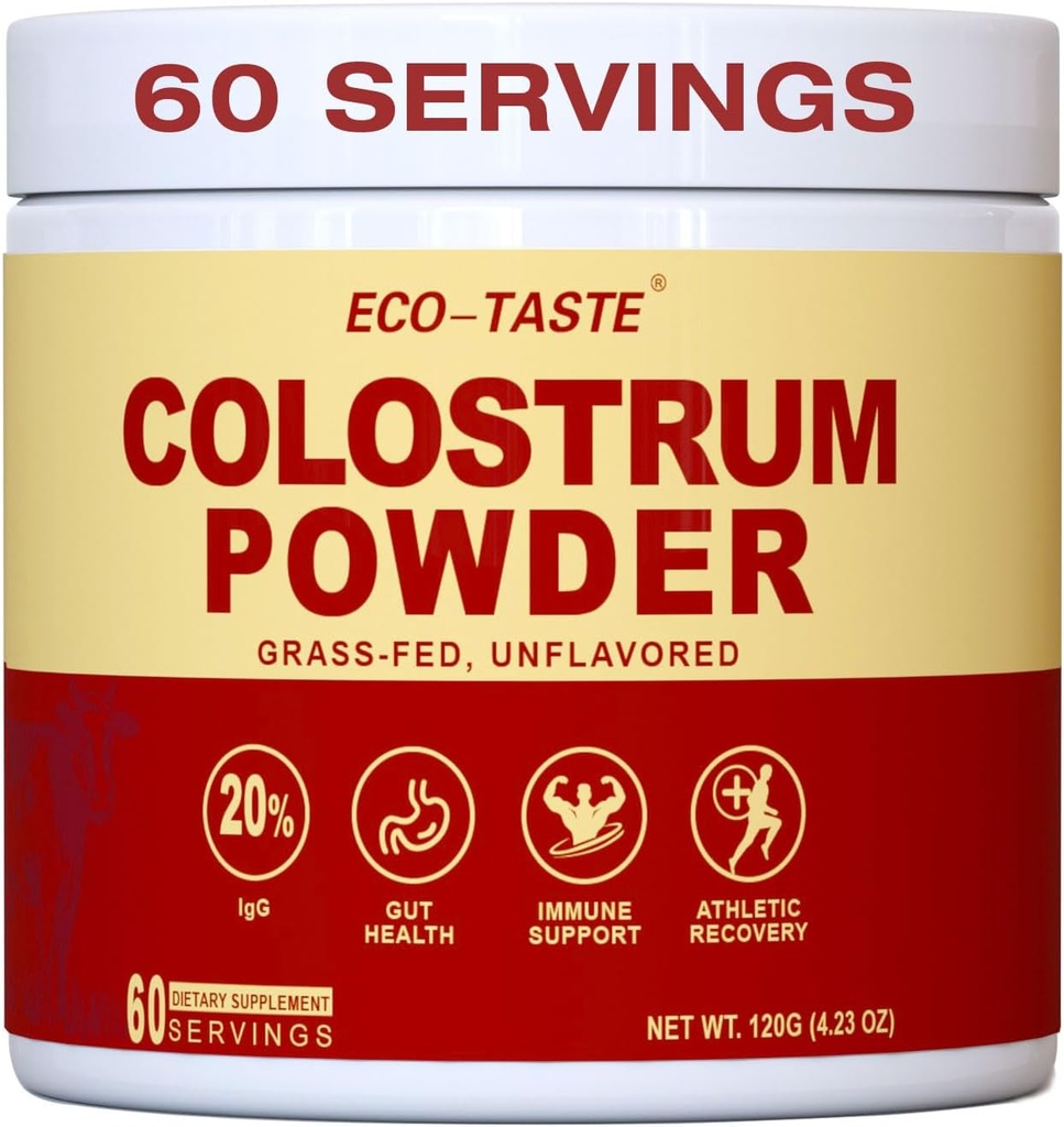 ECO-TASTE Poudre de colostrum de 20% IgG Concentré Pure Bovine Colostrum Superfood, Sans additif, Sans gluten, Sans saveur, 60 portions