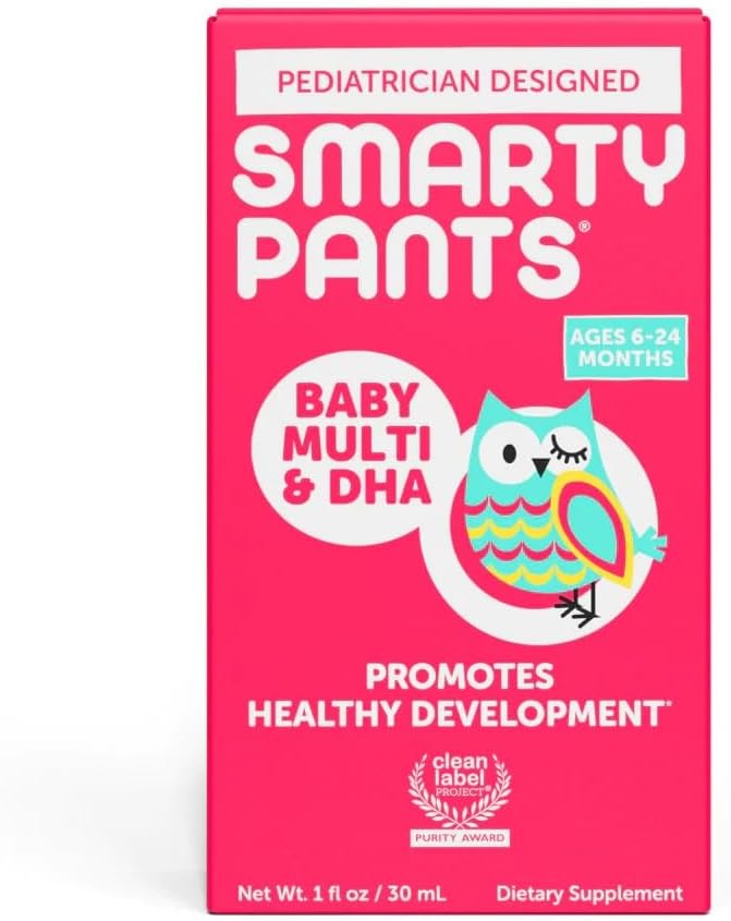 Supplément SmartyPants Baby Multi&DHA : Multivitamine Liquide avec vitamine D3, C,Vitamine B6,Biotine,Choline & Lutéine, pour nourrissons 6-24 mois, sans gluten, saveur de fruits naturels,30 portions(paquet mai Vary)