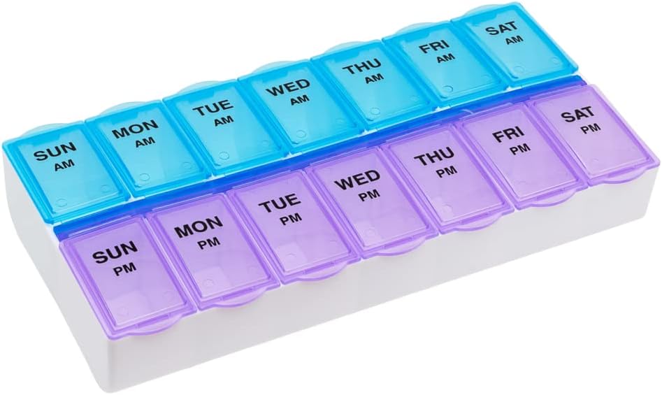 EZY DOSE Weekly (7-Day) AM/PM Daily Pill Case, Medicine Planner, Vitamim, Fish Oil, Supplements Organizer Container, Large Compartments, 2 Times a Day, Blue and Purple Lids, BPA Free