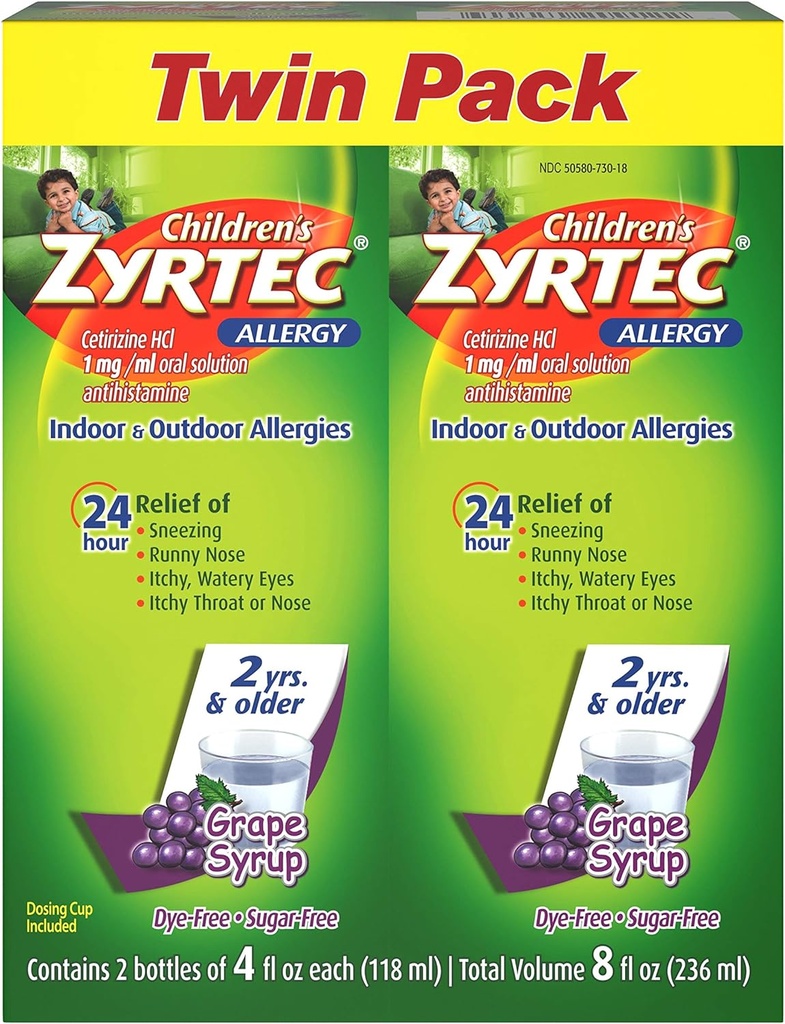 Sirop d'allergie pour enfants Zyrtec 24 Hr avec cétirizine, raisins sans sucre, pack jumeau de 4 fl. oz