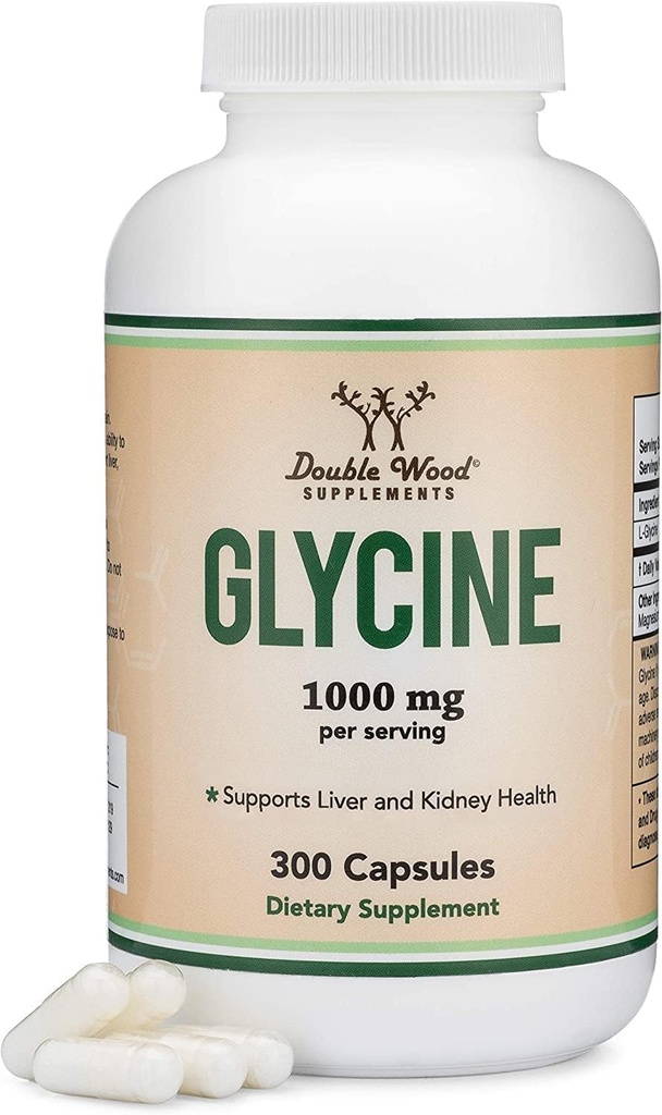 Supplément de glycine - 1000mg Poudre de glycine par portion (300 capsules) L'acide amino relaxant (Glicina) (Troisième partie testée, sans gluten, non-OGM) par double bois