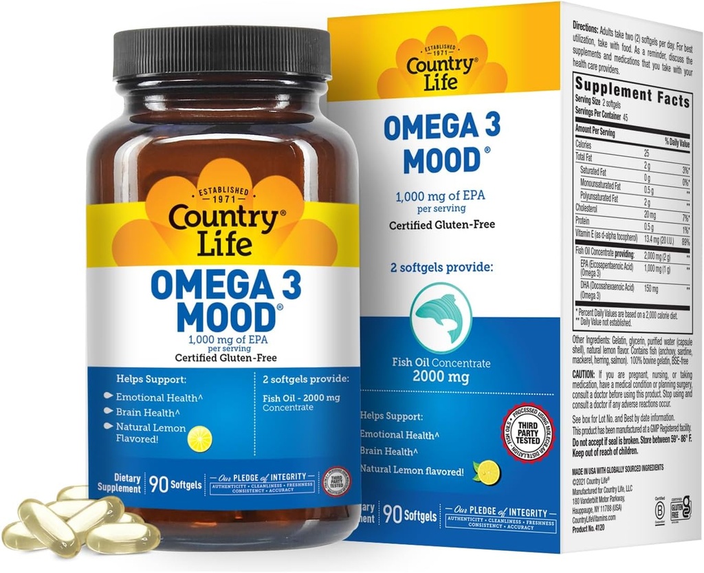 Country Life Omega 3 Mood – 2000mg Huile de poisson avec EPA & DHA – Cerveau, coeur et soutien de l'humeur – Lemon Aromatisé, Pas d'arrière-goût de poisson – certifié sans gluten, non-OGM – 90 Softgels