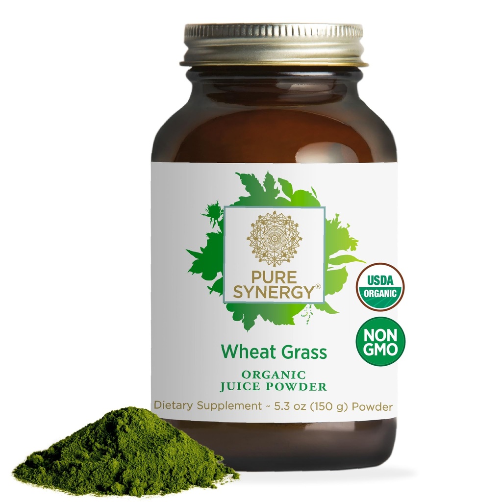 PURE SYNERGY Blé biologique Poudre de jus d'herbes de Chlorophylle-Rich Poudre de jus vert de Chlorophylle-Rich cru Bio USA Blé gras pour énergie, équilibre alcalin et soutien à la digestion (5,3 oz.)