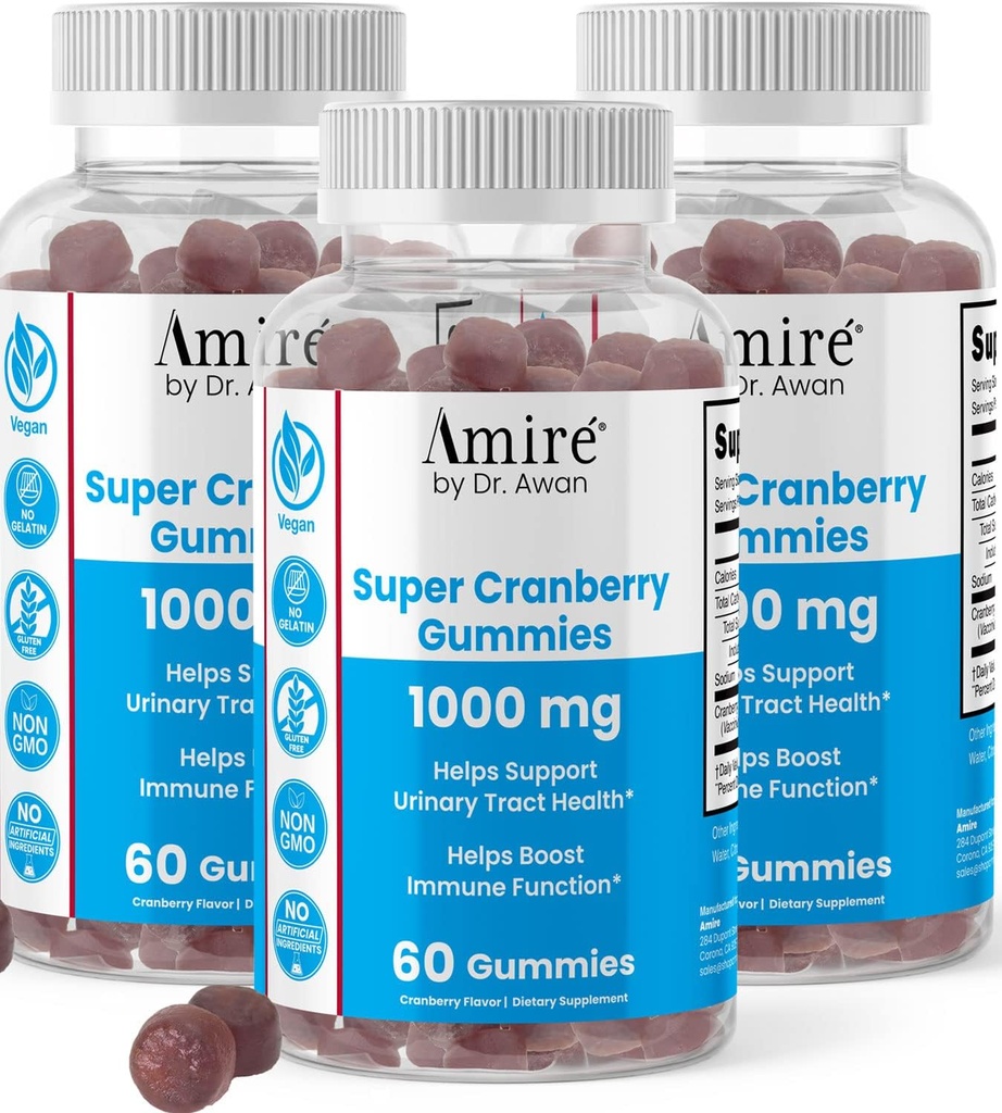 Amire par le Dr Awan Super Cranberry Gummies, aide à soutenir la santé du trac urinaire, aide à booster la fonction immunitaire, sans la gélatine Cranberry Chews pour les hommes et les femmes, 180ct, 90-jour d'approvisionnement