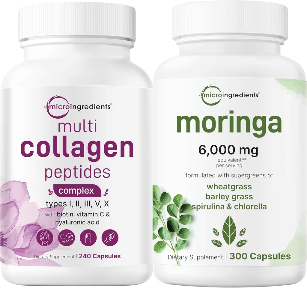 Micro Ingredients Multi Collagen Complex 240 Capsules & Moringa Oleifera 6 000mg Équivalent 300 Capsules Bundle 2 Pack