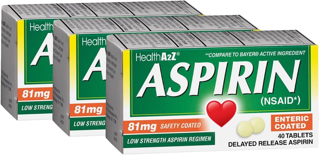 HealthA2Z® Aspirine 81 mg , faible résistance , enrobé entérique , soulagement de la douleur , réduit les douleurs musculaires mineures et les crampes , réducteur de fièvre , réduit les maux de tête (40 comtes (paquet de 3)