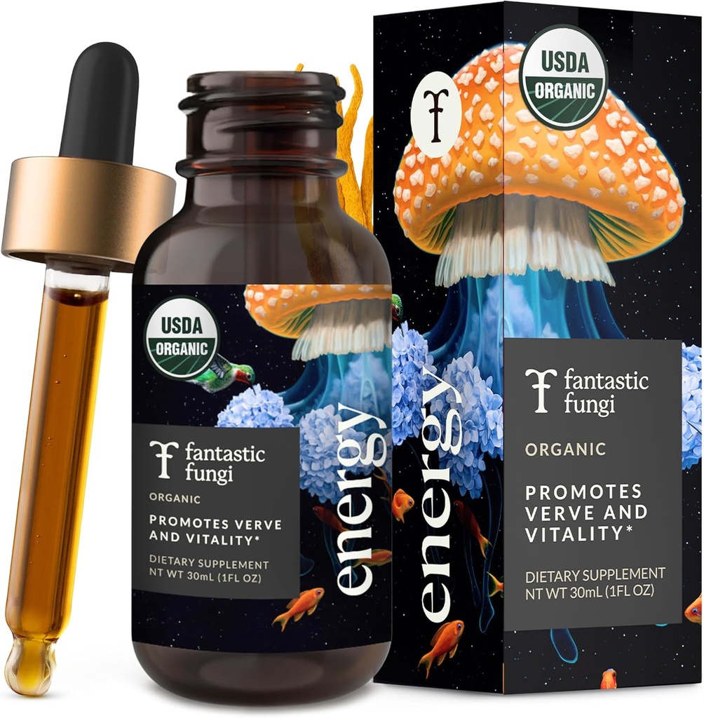 Fantastique Fungi Cordyceps gouttes de teinture de champignons - 4-en-1 Stress Support & Energy Elixir avec Ginseng, Turquie Tail & Rhodiola - Extrait de champignons organiques liquide, 30 portions, 1 fl oz