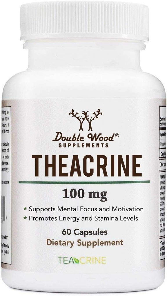 Théacrine (Téacrine) 100 Mg, 60 Capsules - Supplément énergie et focus (Pills similaires à la caféine mais plus subtils et plus longs) Non-OGM et sans gluten par double bois