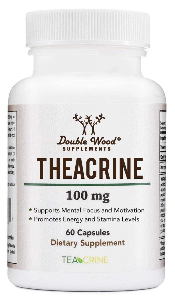 Théacrine (Téacrine) 100 Mg, 60 Capsules - Supplément énergie et focus (Pills similaires à la caféine mais plus subtils et plus longs) Non-OGM et sans gluten par double bois