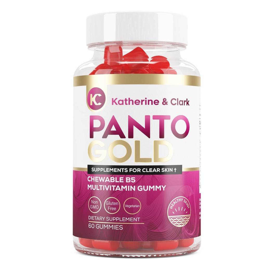 Katherine & Clark Panto Gold Vitamine B5 Gummées d'acide pantothénique pour l'acné - Peau de cheveux et ongles Gummées - Biotine, zinc, acide folique non-OGM sans gluten pour le corps - Gummées de peau grasse - 60 Compte