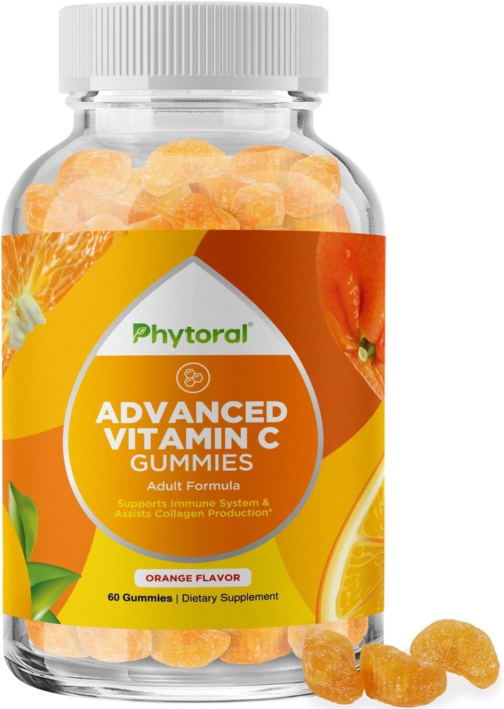 Gommies de Vitamine C Naturelle Phytorale pour Adultes - Vitamine C Immune Soutien Gommies - Acide ascorbique Booster d'Immune Chewable pour Adultes avec des suppléments puissants de vitamines cérébrales