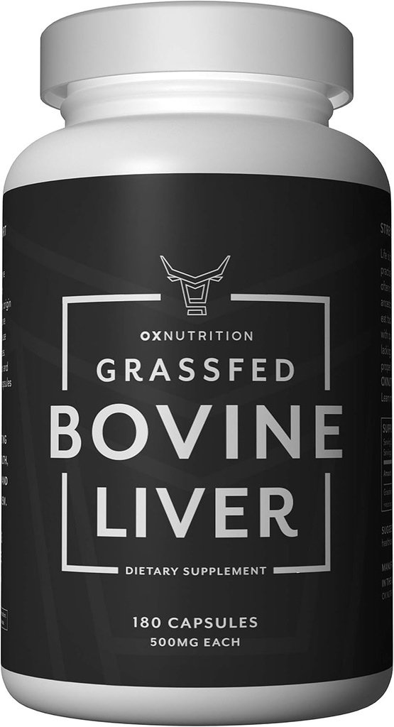 OXNUTRITION Gélules de foie de boeuf gazonné (déshydratées) Excès de foie naturel et de supplément de fer Excès en B12 pour l'énergie, le soutien thyroïde Excès de 180 capsules Superaliments emballés avec de nombreuses vitamines et nutriments