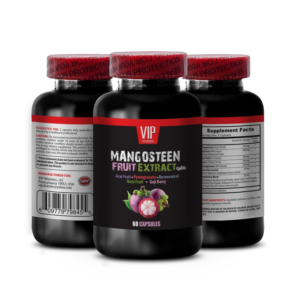 VITAMINS VIP Mangosteen, Extrait de mangosteen - Extrait de fruits de mangosteen - Acai Berry, Goji Berry, grenade, Noni, Trans-Resvératrol, Fruits de mûre, Peau de raisin - 1 bouteille 60 capsules