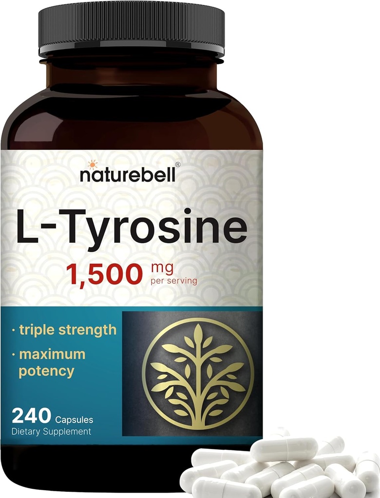 Supplément à la tyrosine, 1 500mg par portion, 240 capsules – Acides aminés essentiels – Soutien de la santé cérébrale pour la mémoire, la santé cognitive et l'alerte mentale – non-OGM