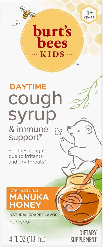 Burt's Bees Kids Daytime Cough Sirop et Immune Support, Saveur de raisin naturel, Supplément alimentaire, 4 Fl Oz