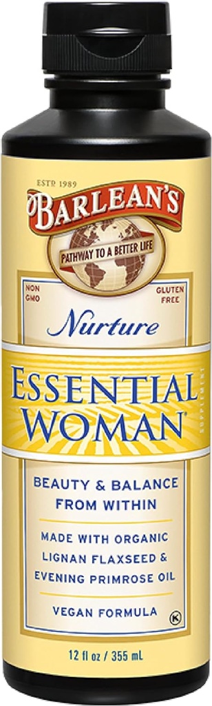 Barlean's Essential Woman Liquid Supplement for Women, Organic Flaxseed and Evening Primrose Oil for Healthy Hair, Nails and Skin, Omega 3 6 9 and GLA, 12 oz