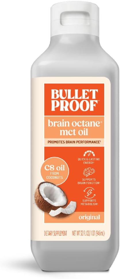 Bulletproof Brain Octane C8 MCT Oil, 32 Ounces, Keto Supplement for Sustained Energy and Fewer Cravings