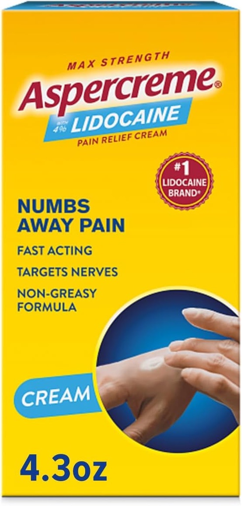 Aspercreme Lidocaine Crème de soulagement de la douleur Soignes Aggravées Nerves, Numbing Sujet Analgésique avec Max-Strength 4% Lidocaine & Aloe hydratante, 4.3 Oz.