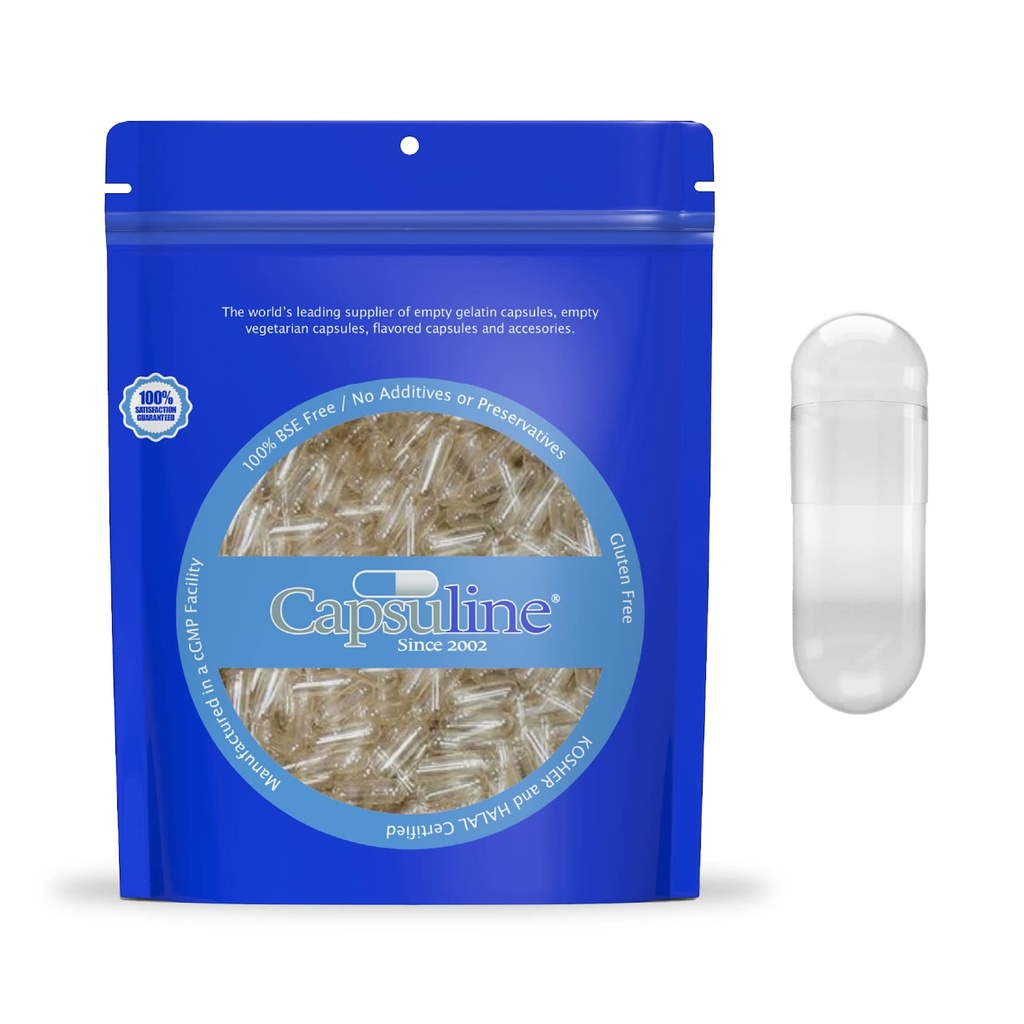 Capsuline Size 1 Empty Gelatin Capsules, Clear - 1000 Count | Gluten Free, Kosher, Non-GMO Certified | Pure Bovine Pill Caps for DIY Supplement Filling