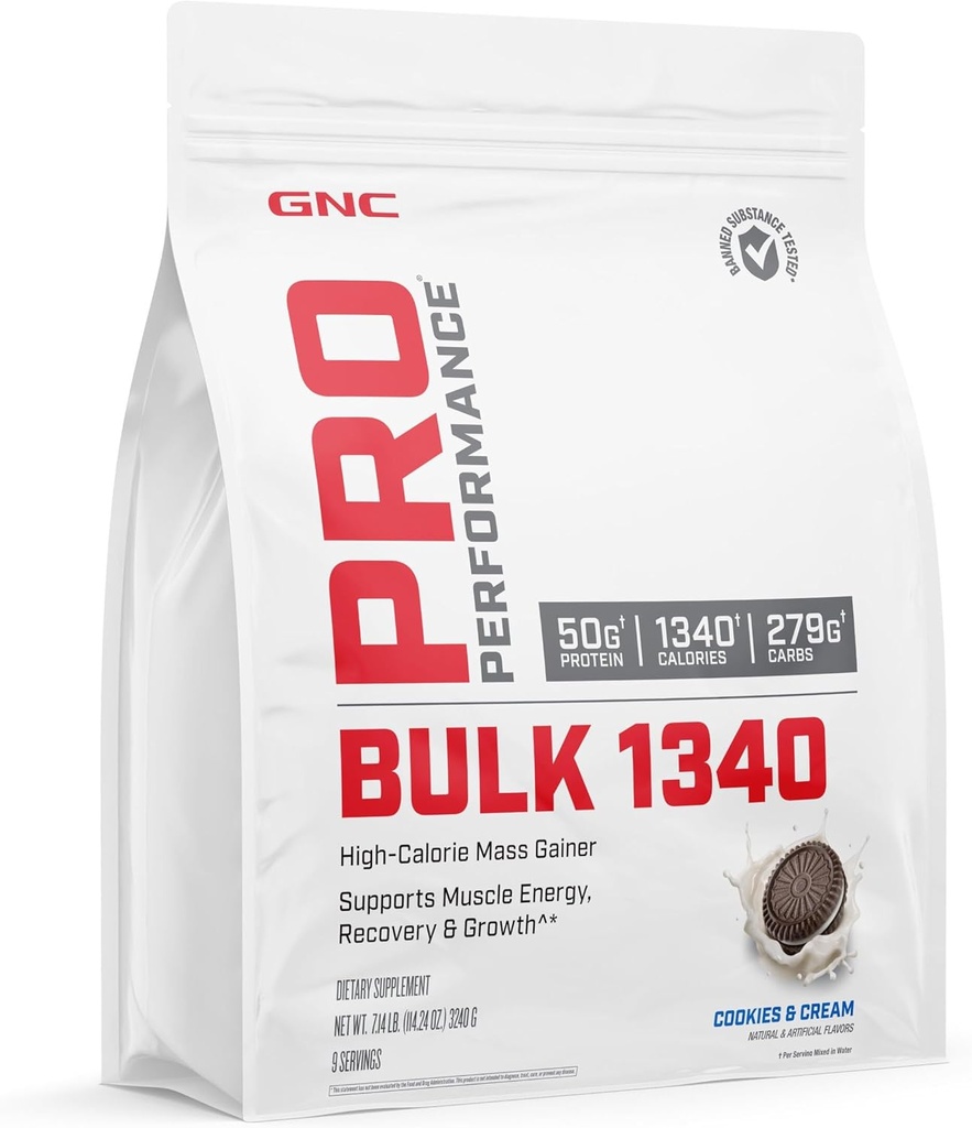 GNC Pro Performance Bulk 1340 Mass Gainer Protéines Poudre, 50g, Sans gluten, Whey, Créatine, BCAA, 3ème partie testée, Récupération et croissance musculaire, Micronutriments, Cookies et Crème, 9 portions