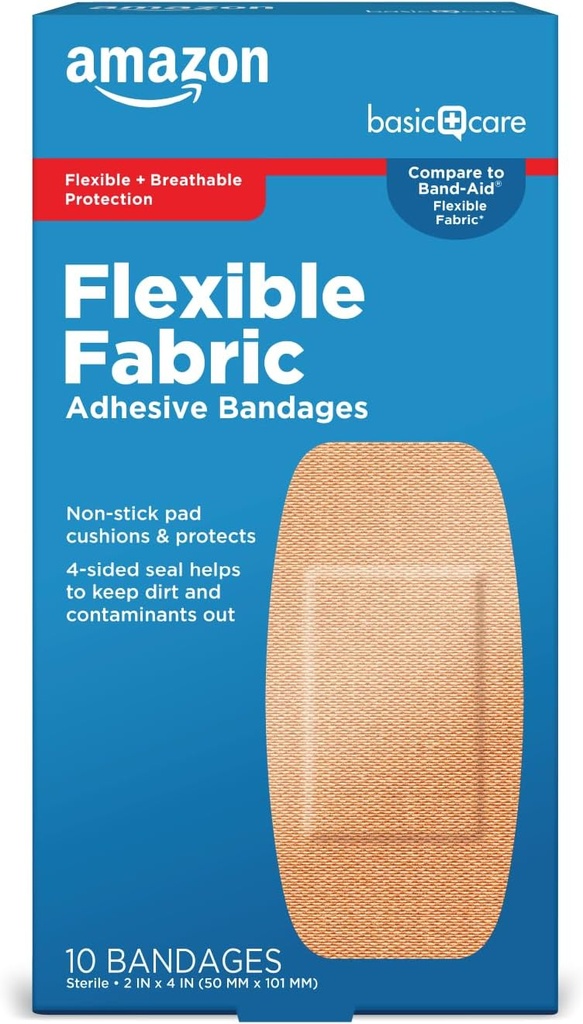 Soins de base Flexible tissu Bandes adhésives, XL (2 po x 4 po), Protection pour tous les types de peau, Stretch flexible qui se conforme aux plaies, 10 Compte