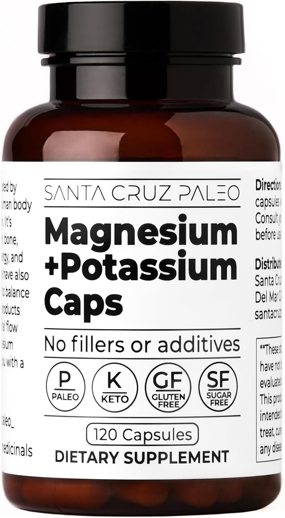Santa Cruz Paleo Capsules de potassium Magnésium,120 Capsules, Glycinate de magnésium et Citrate de potassium, Sans gluten, Keto, Sans sucre, Paléo, Pour la santé globale, Cerveau, Muscle, Os et Soutien énergétique.