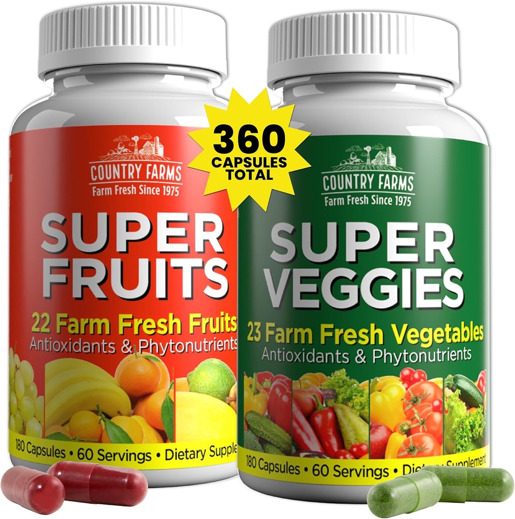 Country Farms Fruits and Vegetables Supplement, 180 Fruit and 180 Veggie Capsules, Greens and Reds Packed with Superfoods, Powerful Antioxidants, 60 Servings