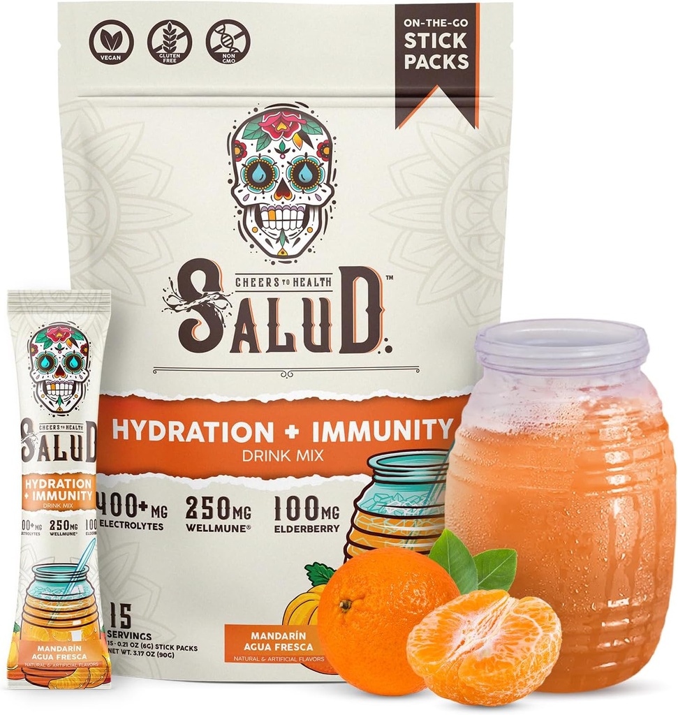 Salud 2-en-1 Packs d'hydratation + Immunity Electrolytes Poudre, Mandarine - Agua Fresca Mélange de boissons, Elderberry, Sans produits laitiers et sans soja, Non-OGM, Sans gluten, Vegan, Faible calories, 1g de sucre (15 portions)