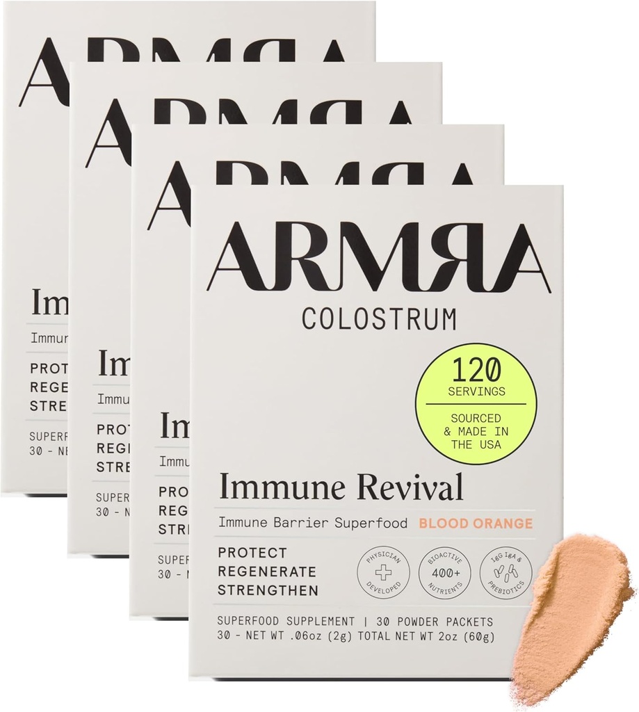ARMRA Colostrum™ Premium Powder, Grass Fed, Gut Health Bloating Immunity Skin & Hair, Contains 400+ Bioactive Nutrients, Potent Bioavailable, Keto, Gluten & Fat Free (Blood Orange 30｜Blood Orange 60)