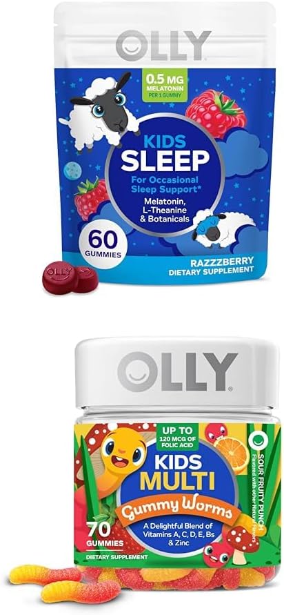 OLLY Les enfants dorment Gummy, Mélatonine, L Theanine, Camomile, 60 Comte et enfants Multivitamine Gummy Worms, Vitamines A C D E Bs Zinc, 70 Comte