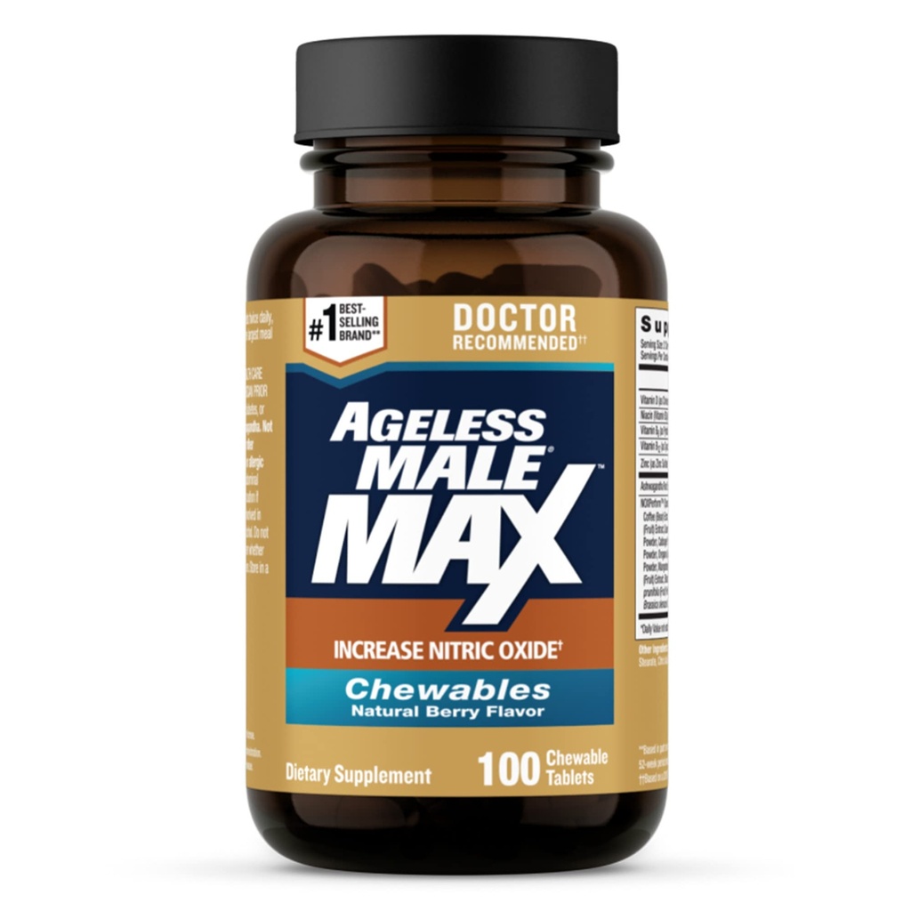 Homme sans âge Max Chewable supplément de booster d'oxyde nitrique pour les hommes – haute puissance Ashwagandha Extrait pour stimuler les séances d'entraînement, muscles et performances, réduire le stress, soutenir le sommeil - 100 comte