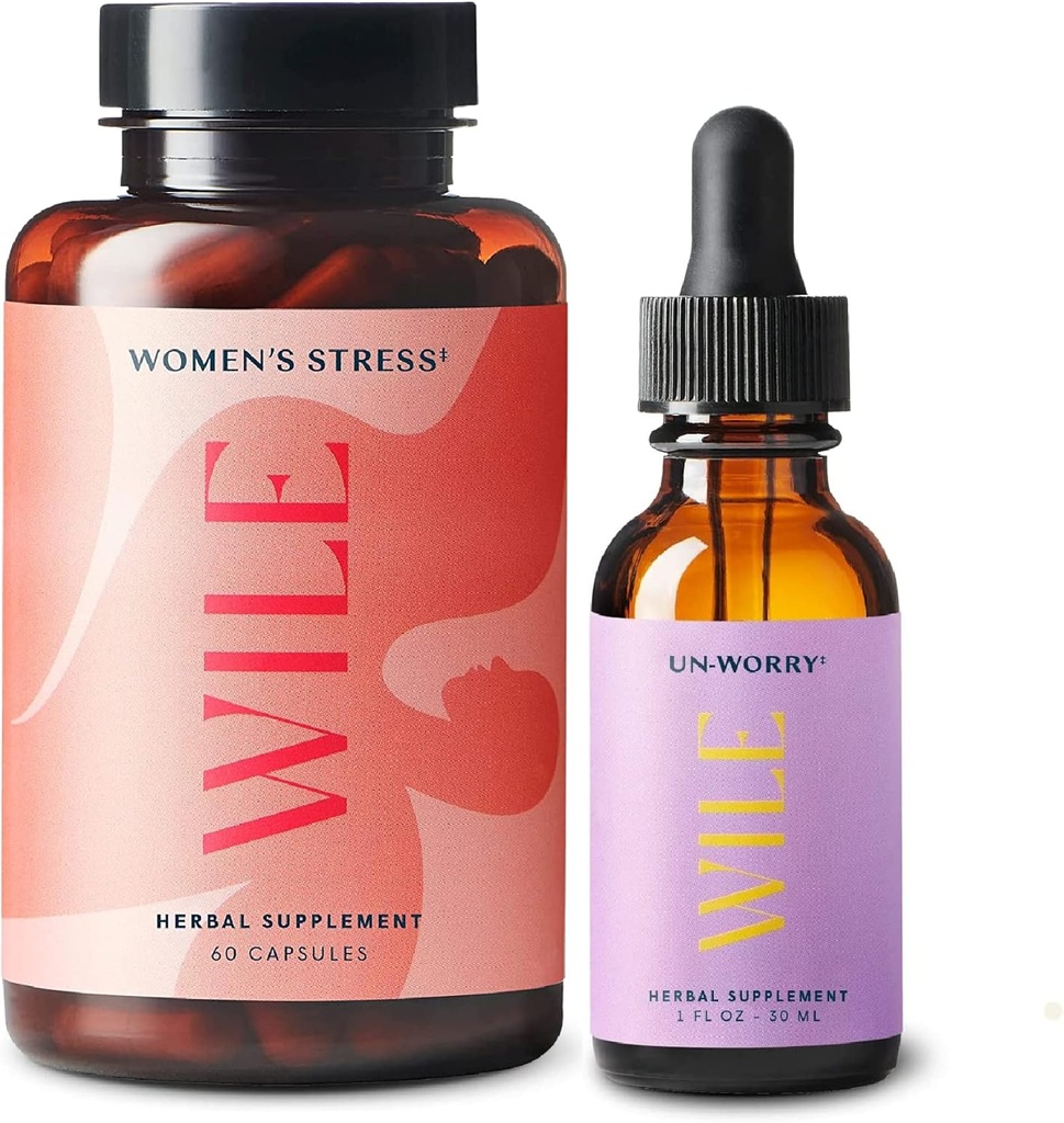 Wile Women's Stress Relief Supplement & Un-Worry Drops, 2-Pack, Mood Support for Women, (1) Biberon Herbal Complements 60 Capsules & (1) Stress Relief Tincture, 1fl oz