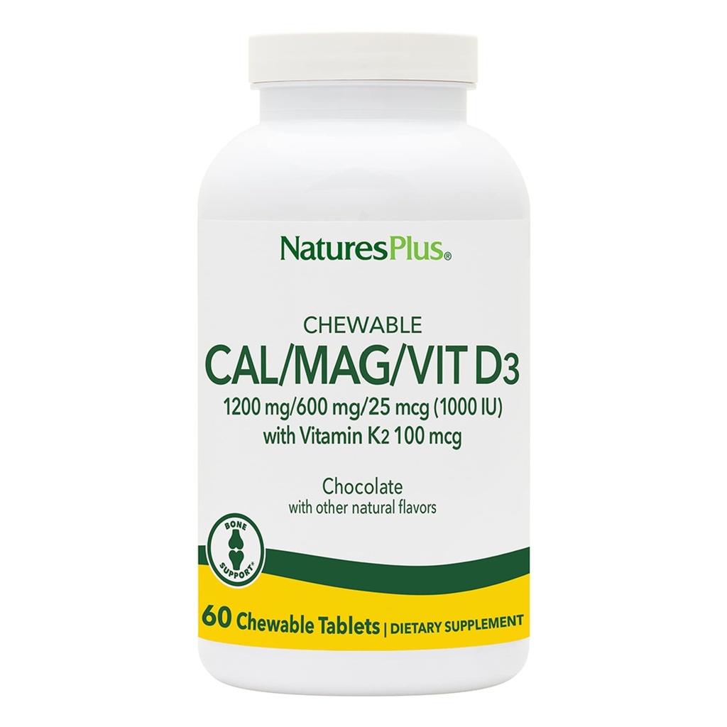NaturesPlus Cal/Mag/VIT D3 avec vitamine K2-60 Comprimés à croquer - Chocolat - Calcium, Magnésium, Vitamine D3 & K2 Bone Supplément de soutien à la santé - 30 portions
