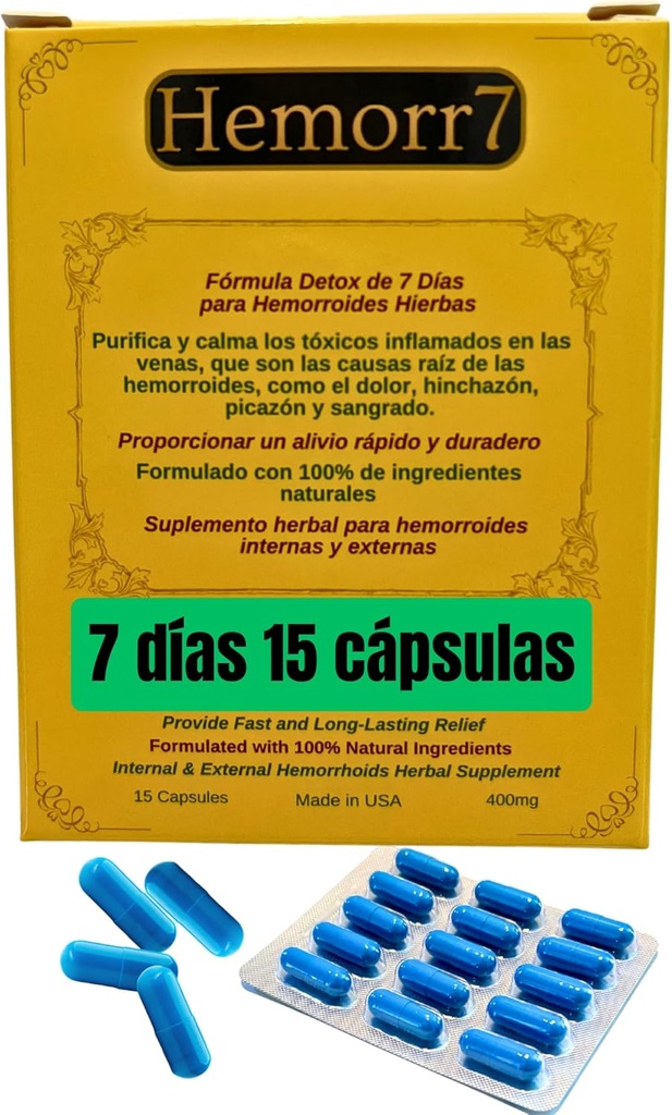 Hemorr7: 7Days 15 Capsules Herbal Hemorrhoid Detox Formula,Fórmula Herbal para desintoxicar las hemorroides Durante 7 días