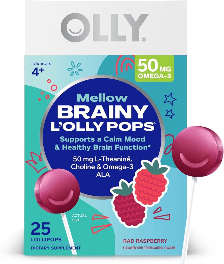 OLLY Mellow Buddies L’OLLY Pops, L-Theanine, Choline, Omega-3 ALA, Kids 4+ Dietary Supplement Lollipops, Supports a Calm Mood & Healthy Brain Function,* Vegan, Raspberry Flavored, 25 Count