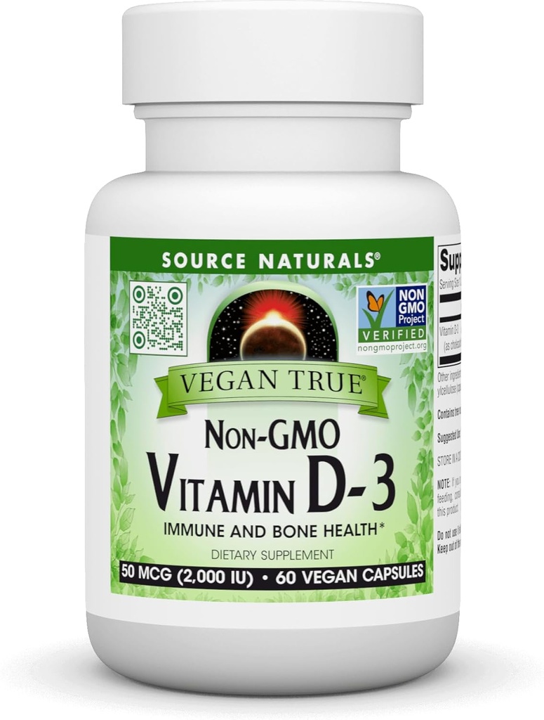 Source Naturals Vegan True, Non-GMO Vitamin D-3, Dietary Supplement for Immune and Bone Health*, 2,000 IU - 60 Capsules