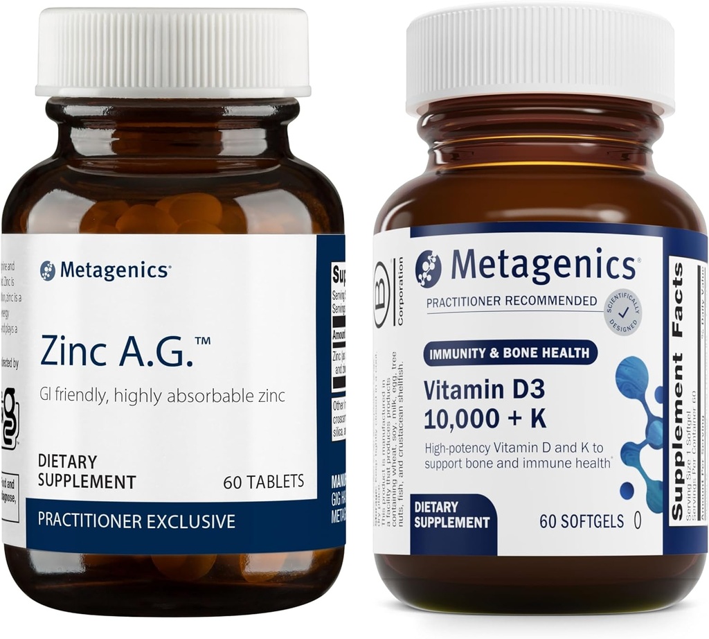 Métagène - Zinc A.G. & D3 10 000 + K - 60 comprimés de Zinc A.G. pour le soutien immunitaire, la santé osseuse, le métabolisme énergétique - 60 Softgels de D3 10 000 + K pour le soutien immunitaire, la santé cardiaque