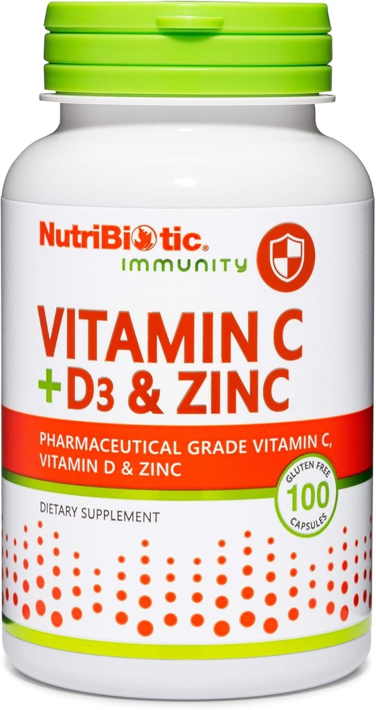 NutriBiotique – Vitamine C + Vitamine D3 & Zinc, 100 Capsules.